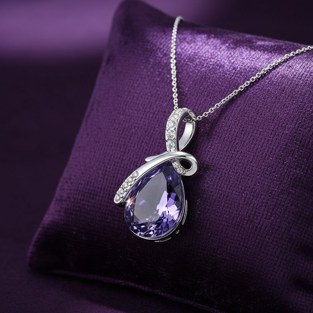 Colorful CZ teardrop pendant necklace with sparkling crystal accents for dressy styling, gifting, and everyday fashion wear.