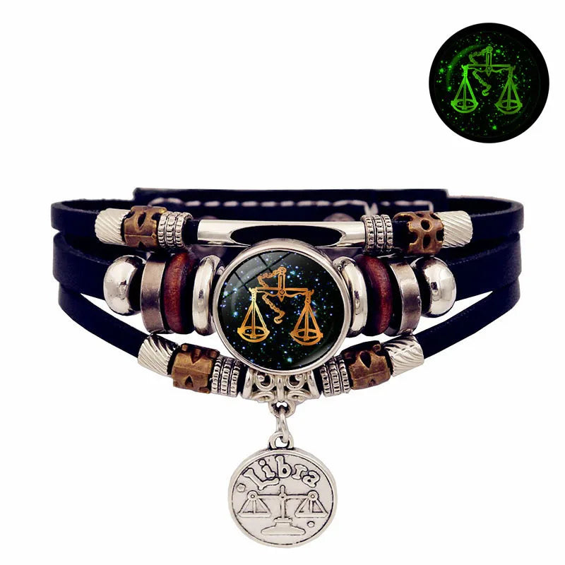 Constellation pattern luminous leather bracelet for celestial fashion styling, daily wristwear, and unisex accessory use.