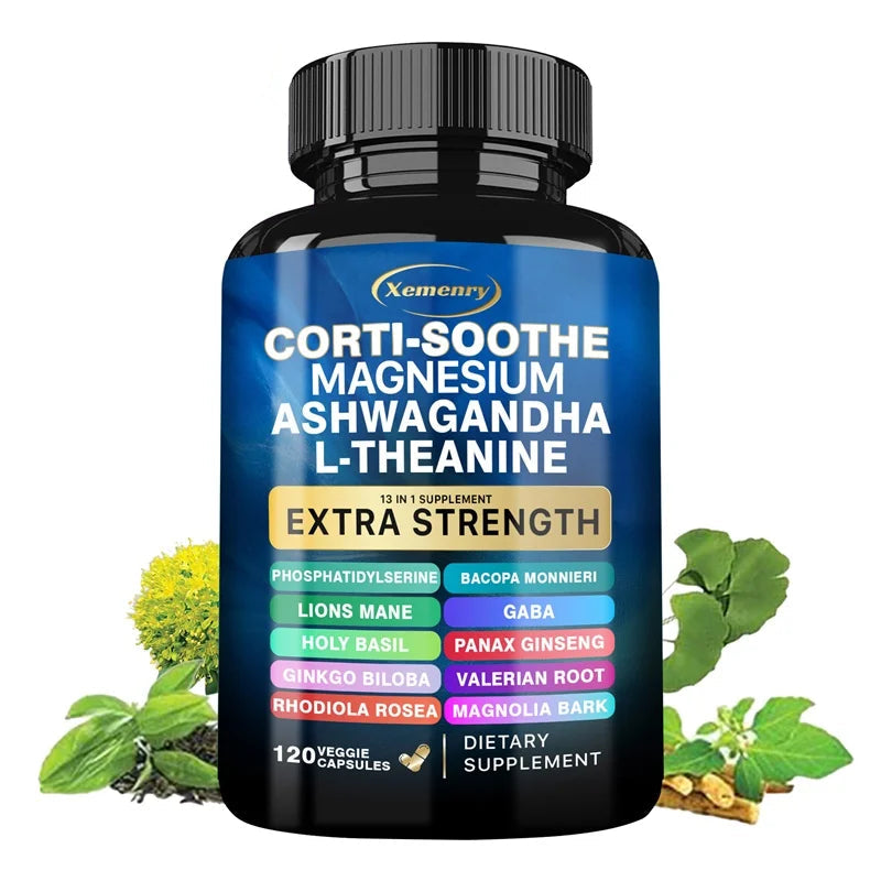 Corti-Soothe Cortisol Support Capsules with Magnesium bottle of dietary capsules for stress support, relaxation, and daily wellness use.