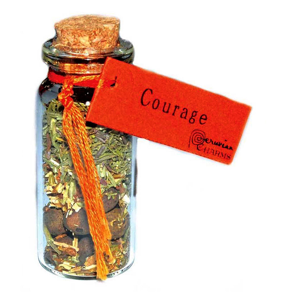 Courage pocket spell bottle with herbs and stones