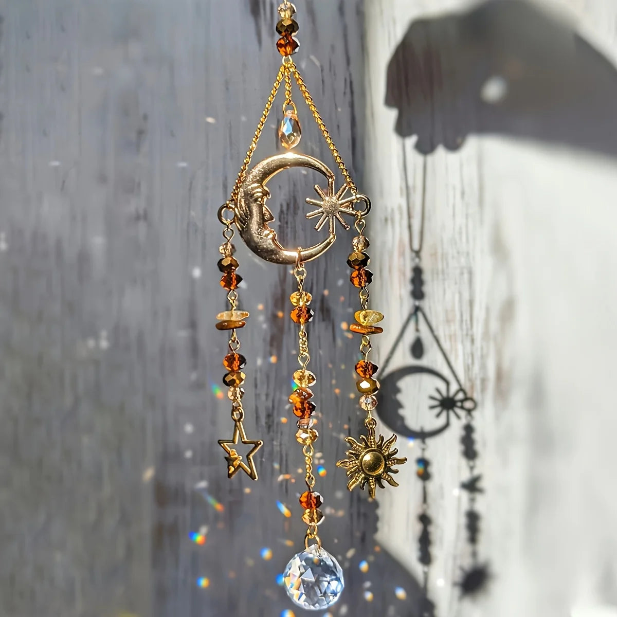 Crystal Moon Goddess window sun catcher for catching morning light, creating rainbow reflections, and altar decoration.