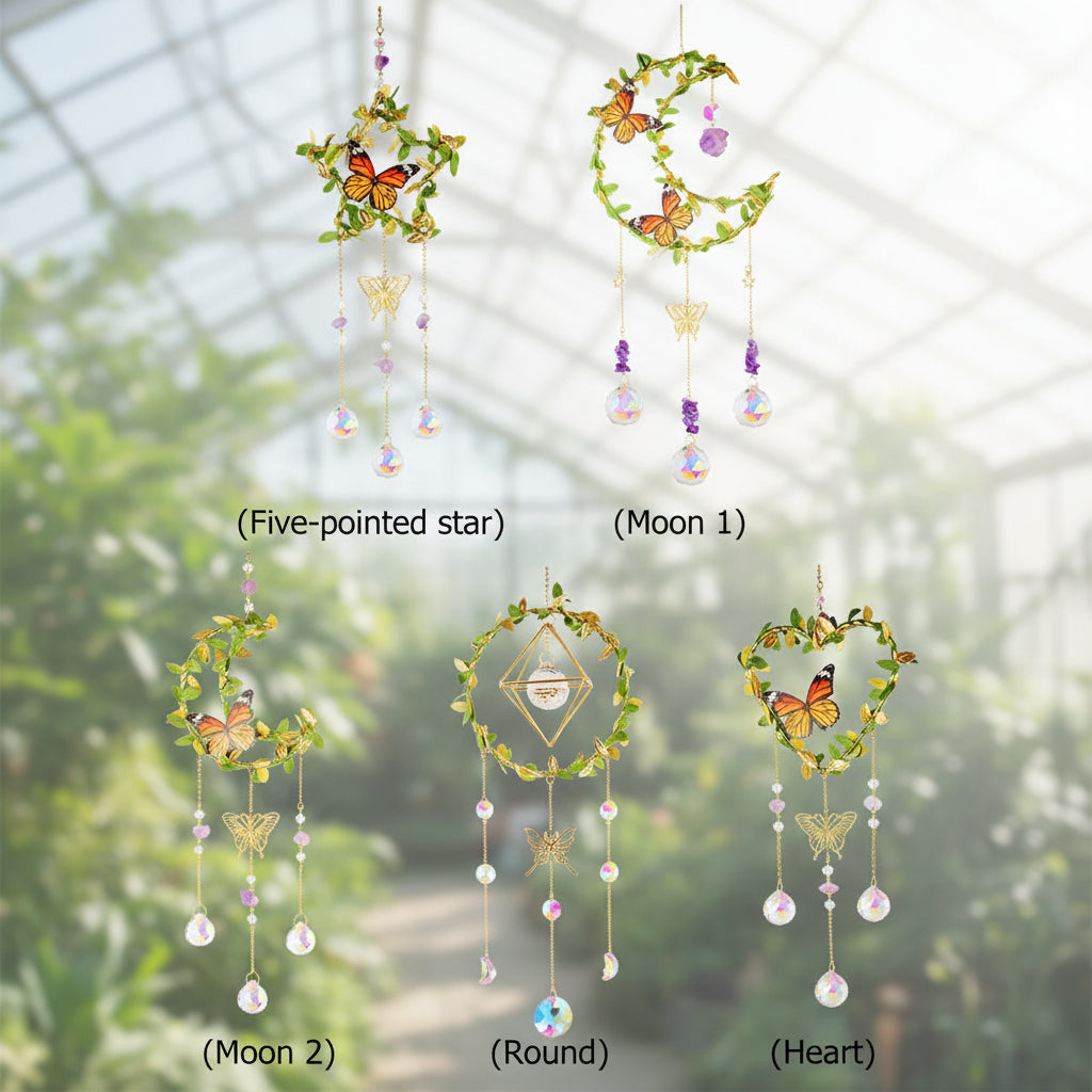 Crystal Prism Rainbow Maker wind chime with hanging crystal prisms for catching sunlight, creating rainbow reflections, and decorative indoor or outdoor display.