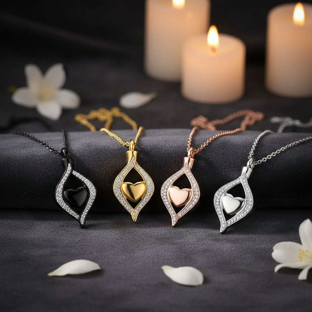 Crystal Teardrop Heart Urn Pendant necklace for holding memorial ashes and remembrance wear.