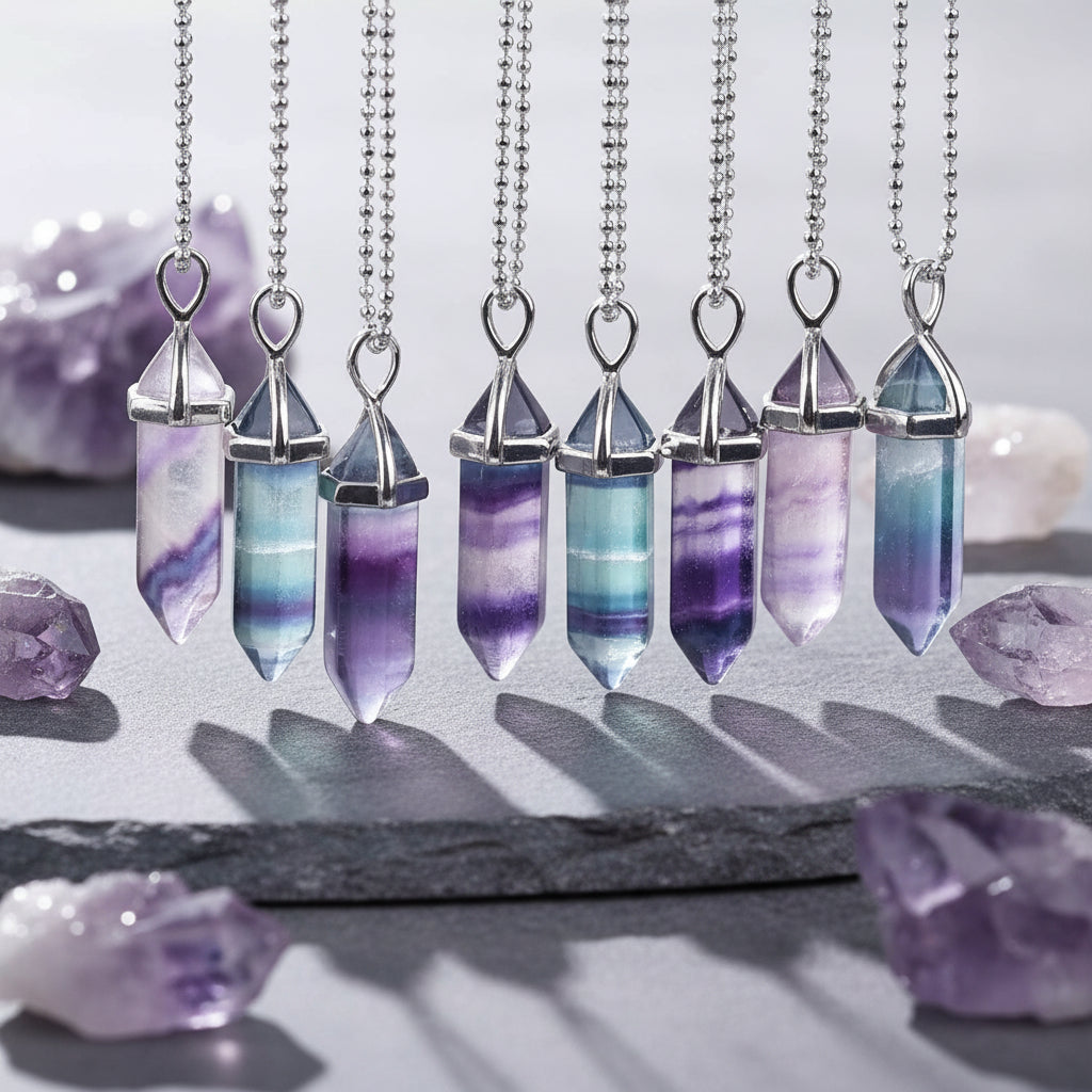 CSJA Fluorite hexagonal crystal pendant necklace for spiritual wear, crystal healing, and everyday styling.