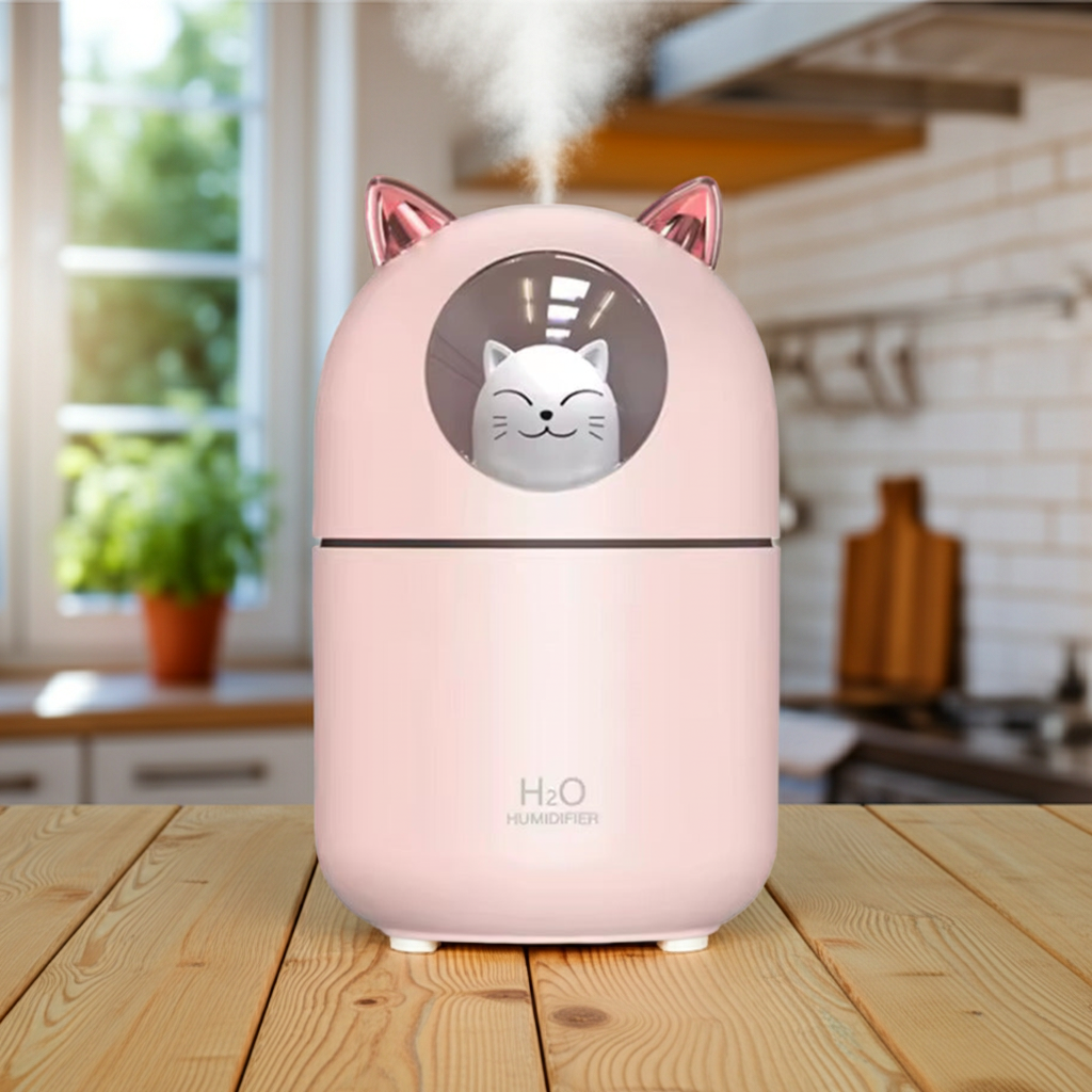 Cute Cat Cool Mist Humidifier device for moisturizing dry air, improving room comfort, and home use.