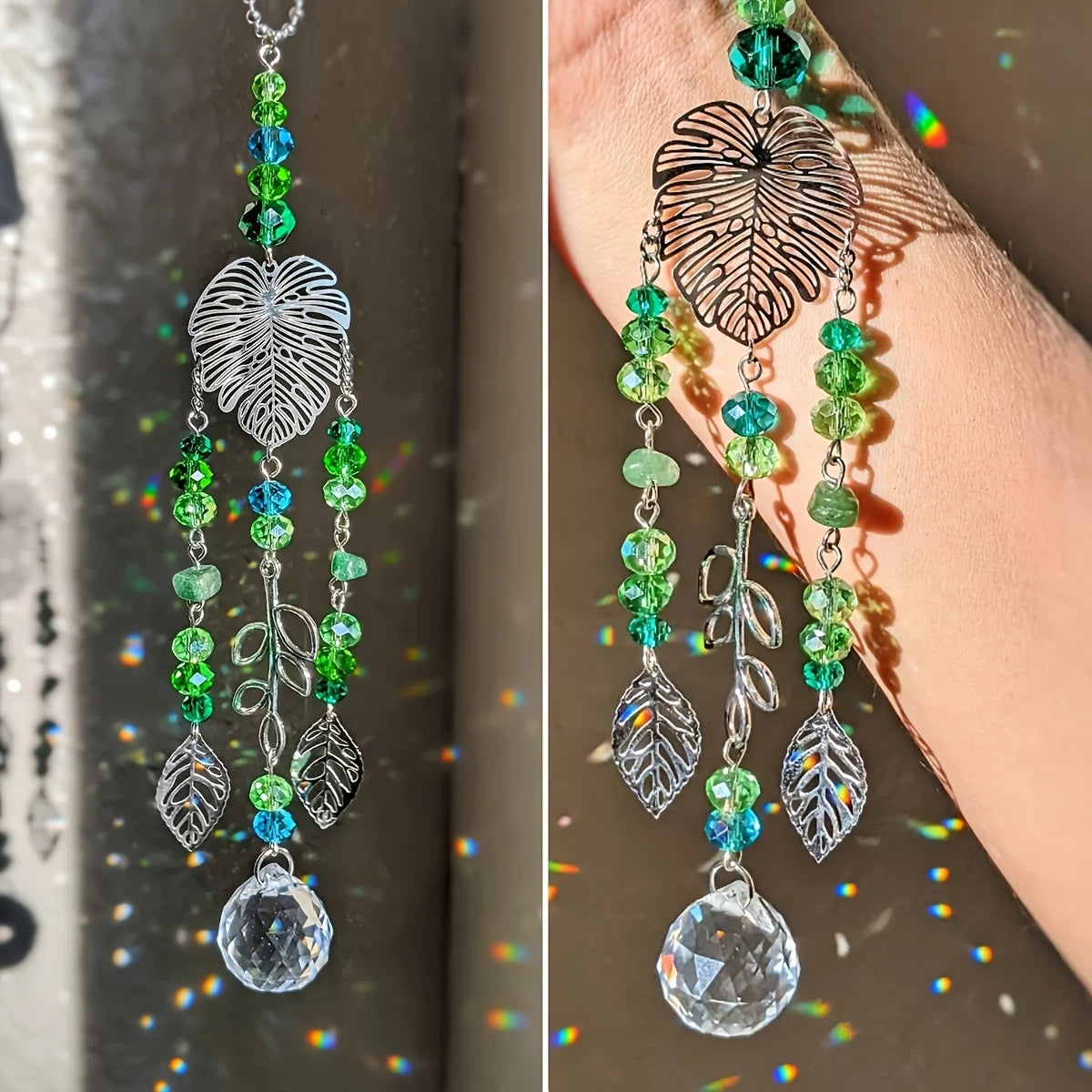 Decorative Leaf Shape Sun Catcher Tree of Life hanging decor for window display, sun reflection, and spiritual room decoration.