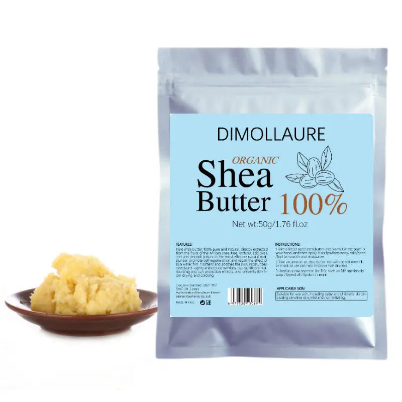 Dimollaure Unrefined Shea Butter 50g packaging with small bowl of butter on white background.