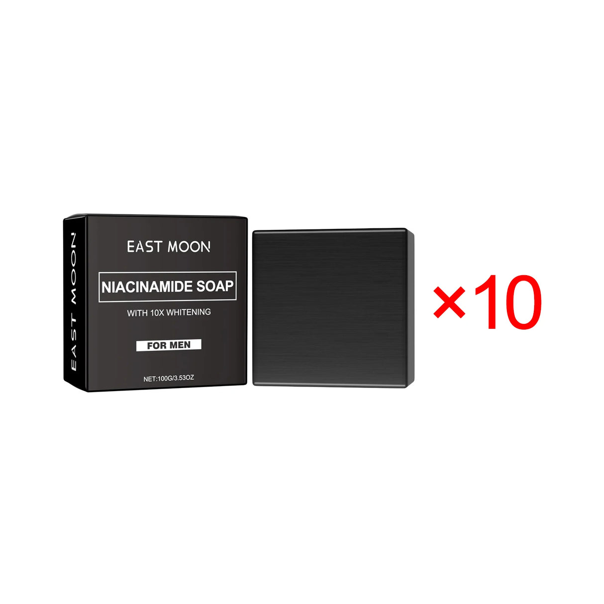 East Moon Niacinamide Whitening Acne-Fading Soap black bar and packaging with East Moon branding.