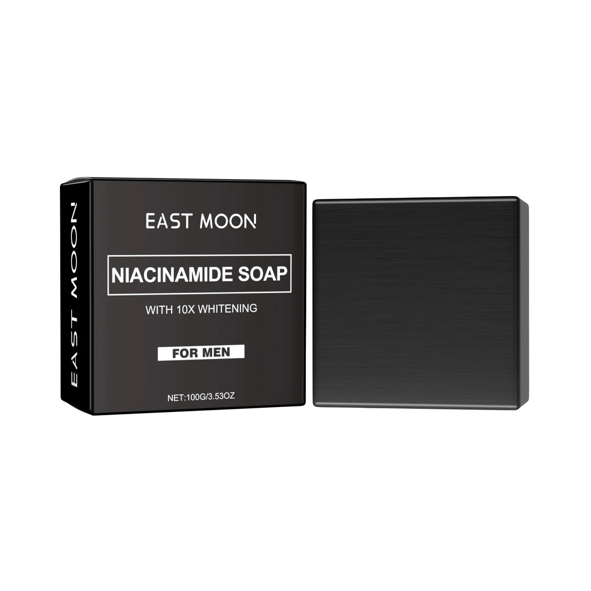 East Moon Niacinamide Whitening Acne-Fading Soap black bar with packaging on white background.