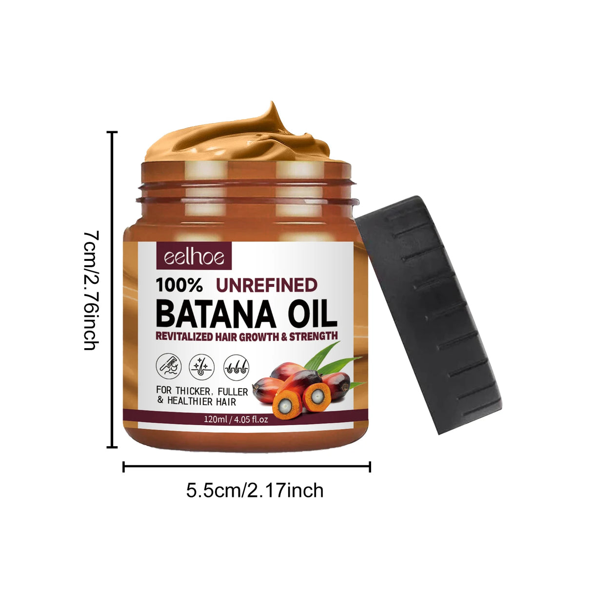 Eelhoe 100% Unrefined Batana Oil Hair Growth Mask 120ml jar with dimensions displayed.