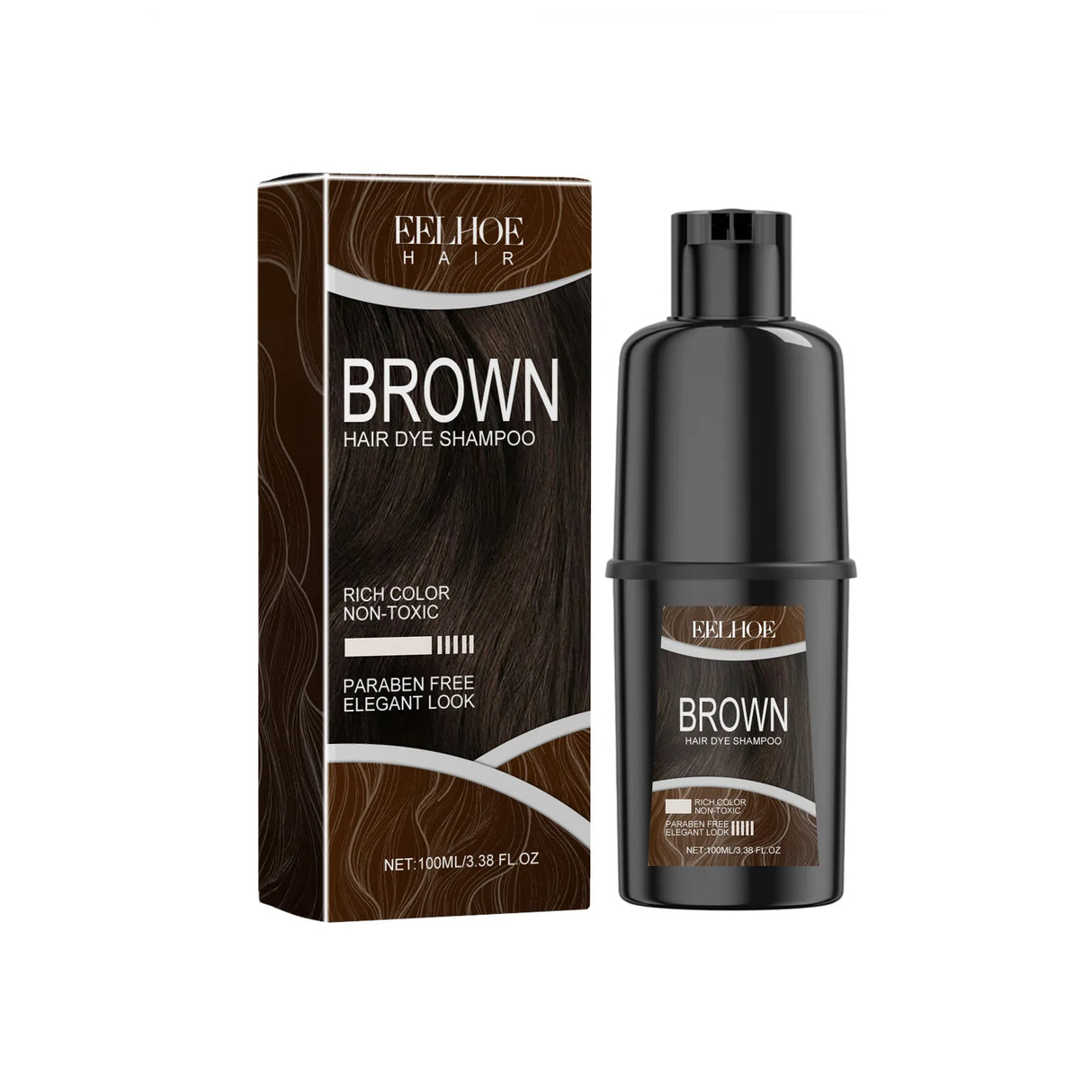 Eelhoe Brown Hair Dye Shampoo 100ml bottle and packaging on white background.