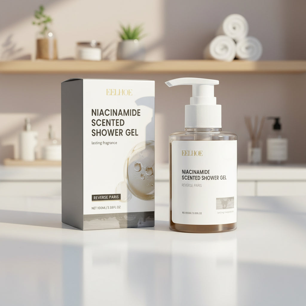 Eelhoe Perfumed Brightening Body Wash Gel 100ml packaging and bottle on a beige background.