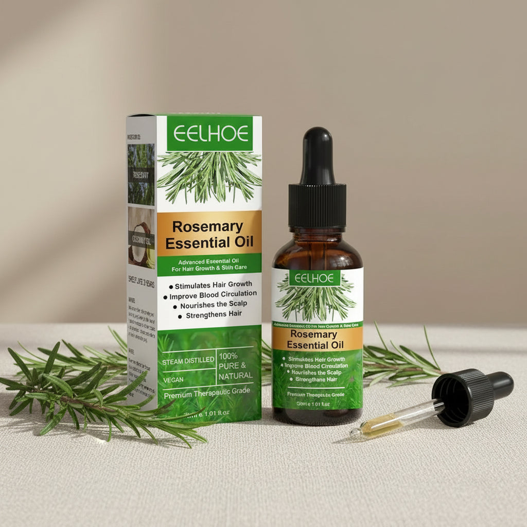 eelhoe Rosemary Essential Hair Growth Oil 30ml bottle and packaging for daily scalp treatment and hair regrowth.