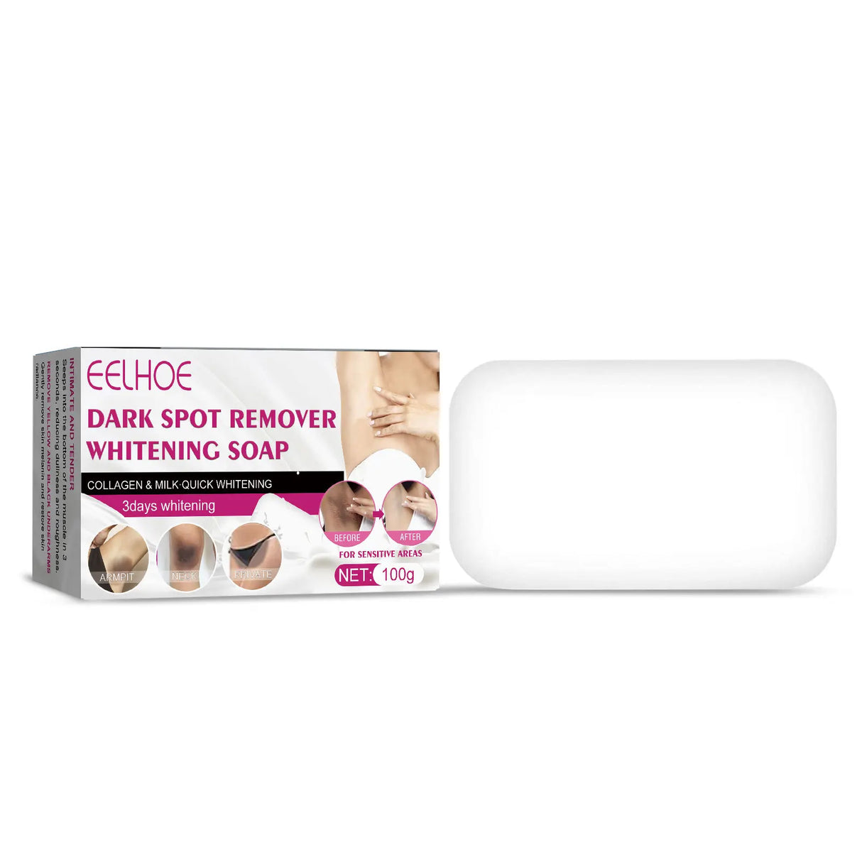 Eelhoe Skin Whitening Soap packaging side view on white background for daily dark spot treatment.