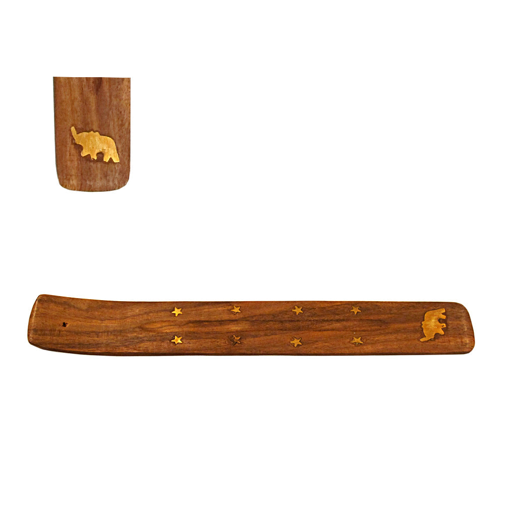 Elephant wood incense boat burner with brass inlay