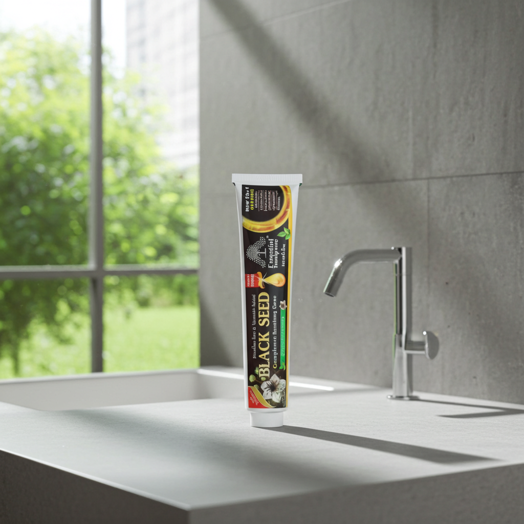 Black Seed Essential Toothpaste tube for tooth brushing, mouth care, and daily dental hygiene use.