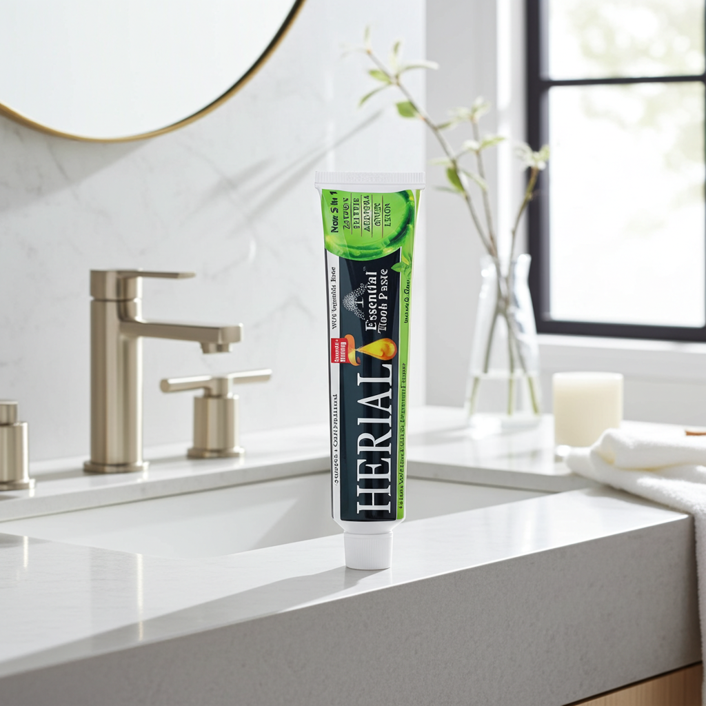 Herbal Essential Toothpaste tube for tooth brushing, mouth care, and daily dental hygiene use.