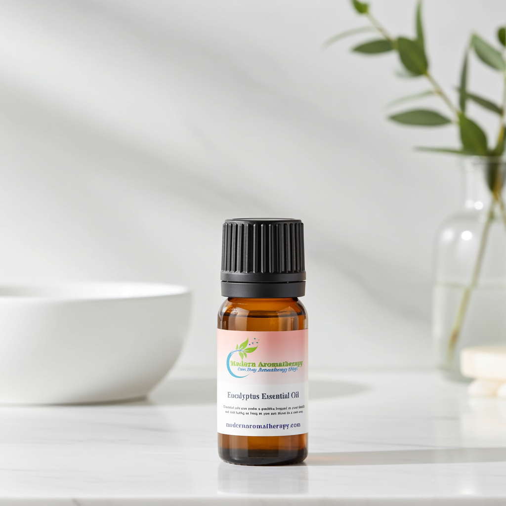 Eucalyptus essential oil bottle for aromatherapy, diffuser use, and refreshing home fragrance.