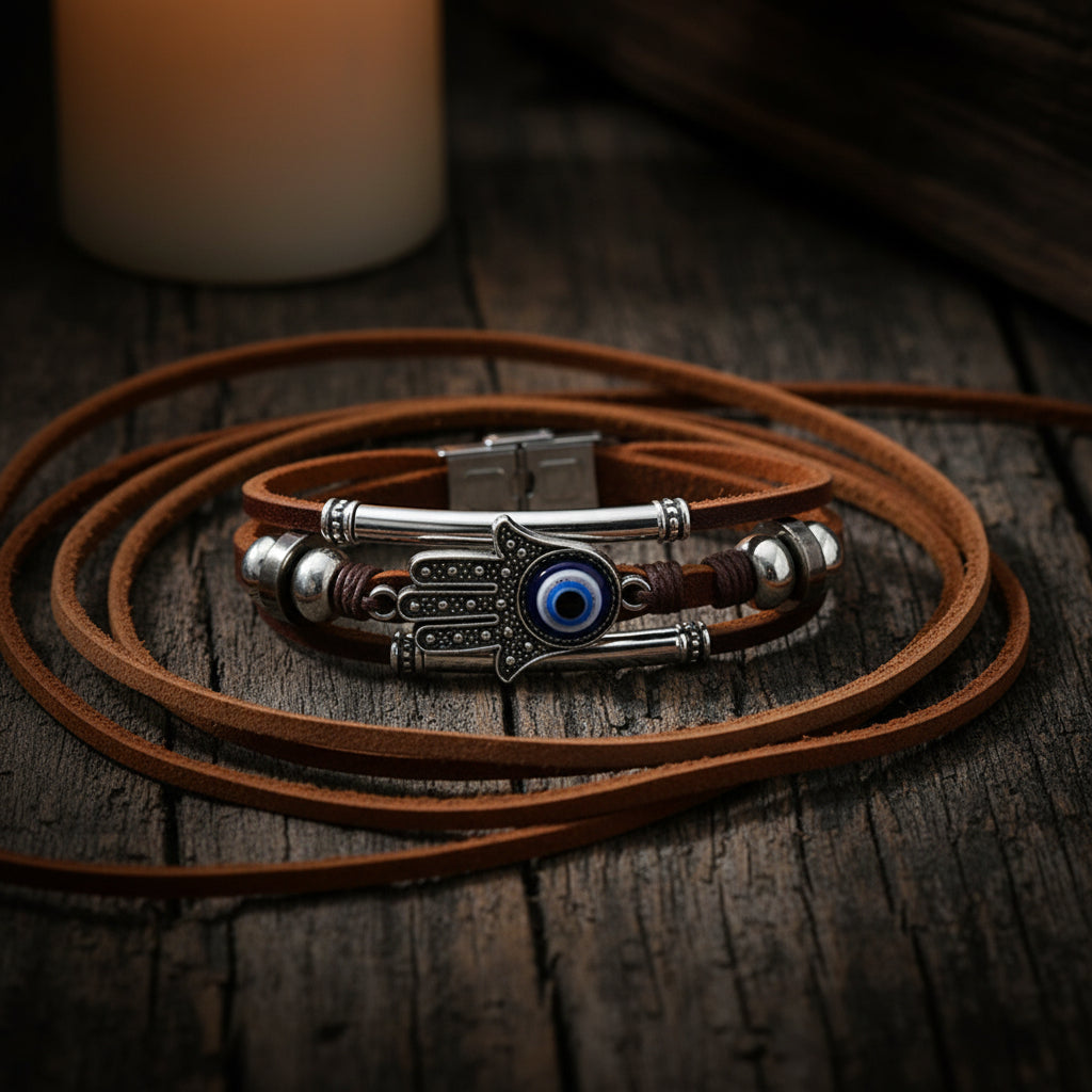Evil Eye Fatima Hand leather charm bracelet for everyday wear, spiritual protection, and symbolic fashion styling.