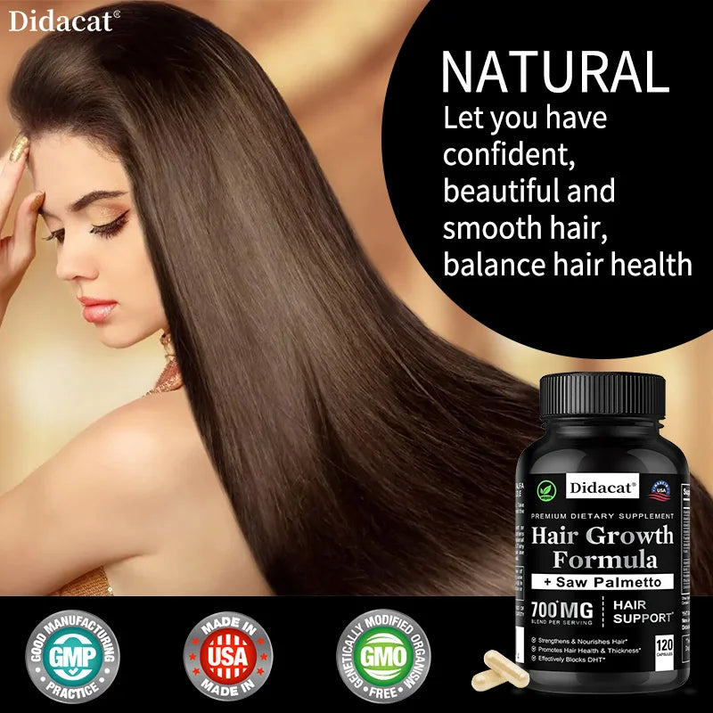 Woman with long hair next to a bottle of Didacat Hair Growth Formula.