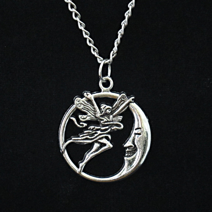 Fairy Moon Pendant Necklace, silver-plated with crescent moon design
