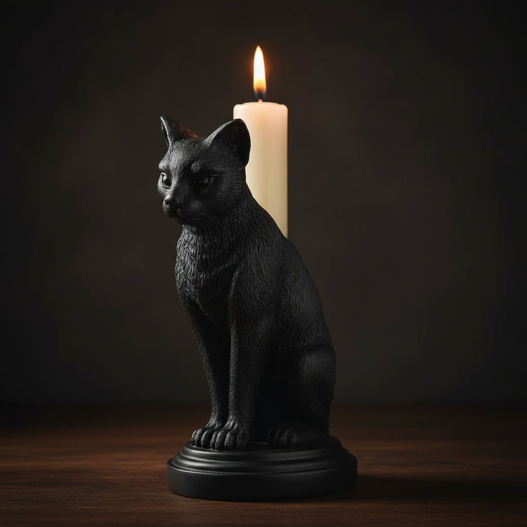 Faust's Familiar black cat candlestick holder, angle view