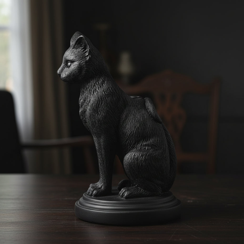Faust's Familiar black cat candlestick holder, side view