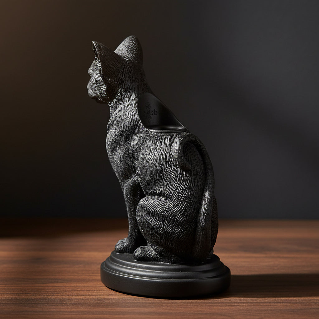 Faust's Familiar black cat candlestick holder, detail view