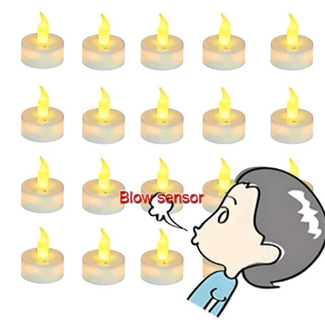 Flameless Color-Changing LED Tea Lights blow-sensor feature for realistic flicker effects, easy on-off control, and safe flameless use.