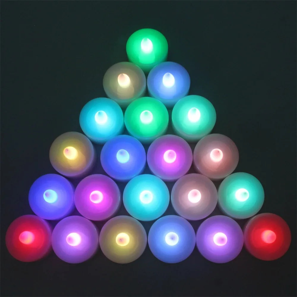 Flameless Color-Changing LED Tea Lights pyramid arrangement for tiered displays, event centerpieces, and decorative lighting.