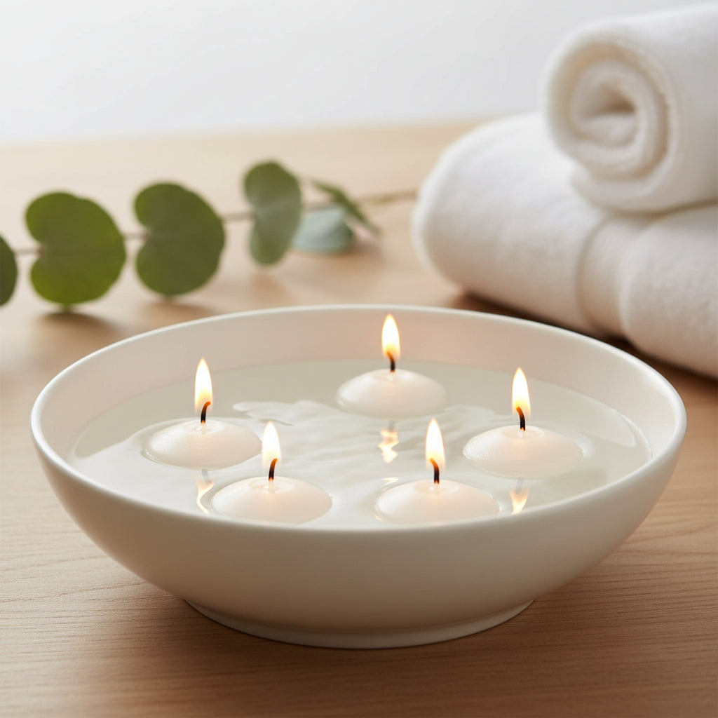 Floating unscented disc candles for centerpieces, water bowl displays, and ambient home decor.