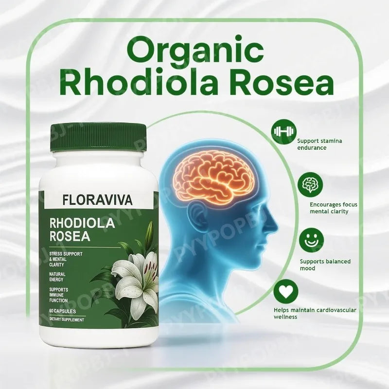 Floraviva Rhodiola Rosea capsules bottle for natural stress support and regular herbal wellness supplementation.
