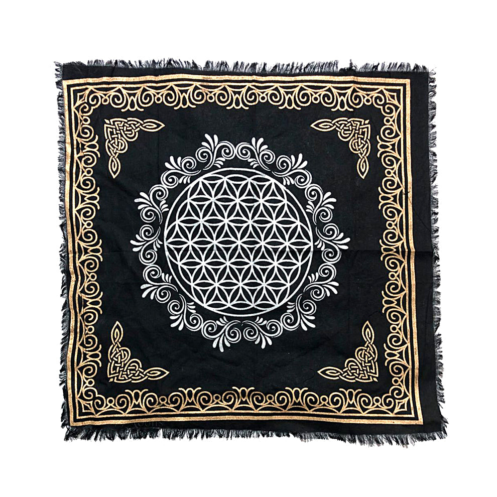 Flower of Life altar cloth, 18x18 inch, gold and silver on black