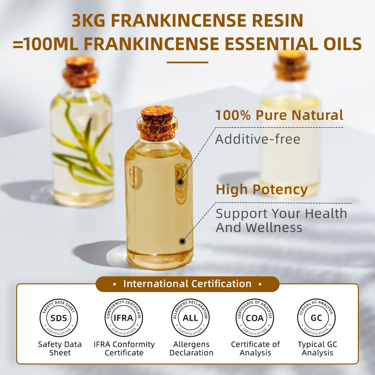 HIQILI 100ML frankincense essential oil bottle for relaxation, meditation, and diffuser fragrance use.