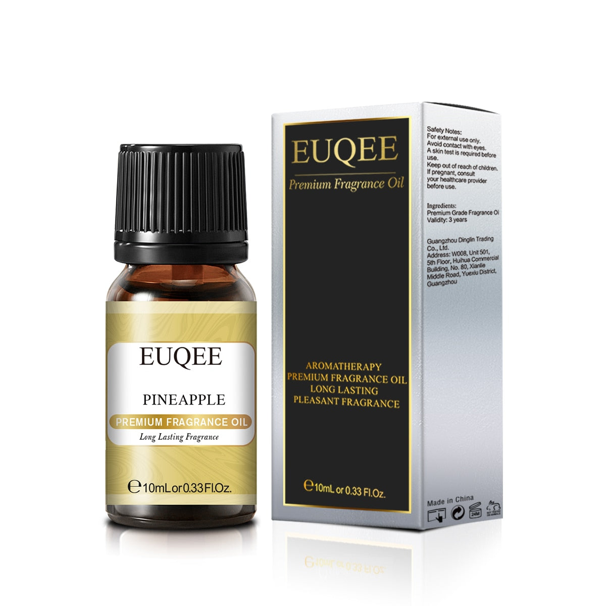 EUQEE fruity aroma blend oil bottle for diffuser use, room fragrance, and relaxing scent enjoyment.
