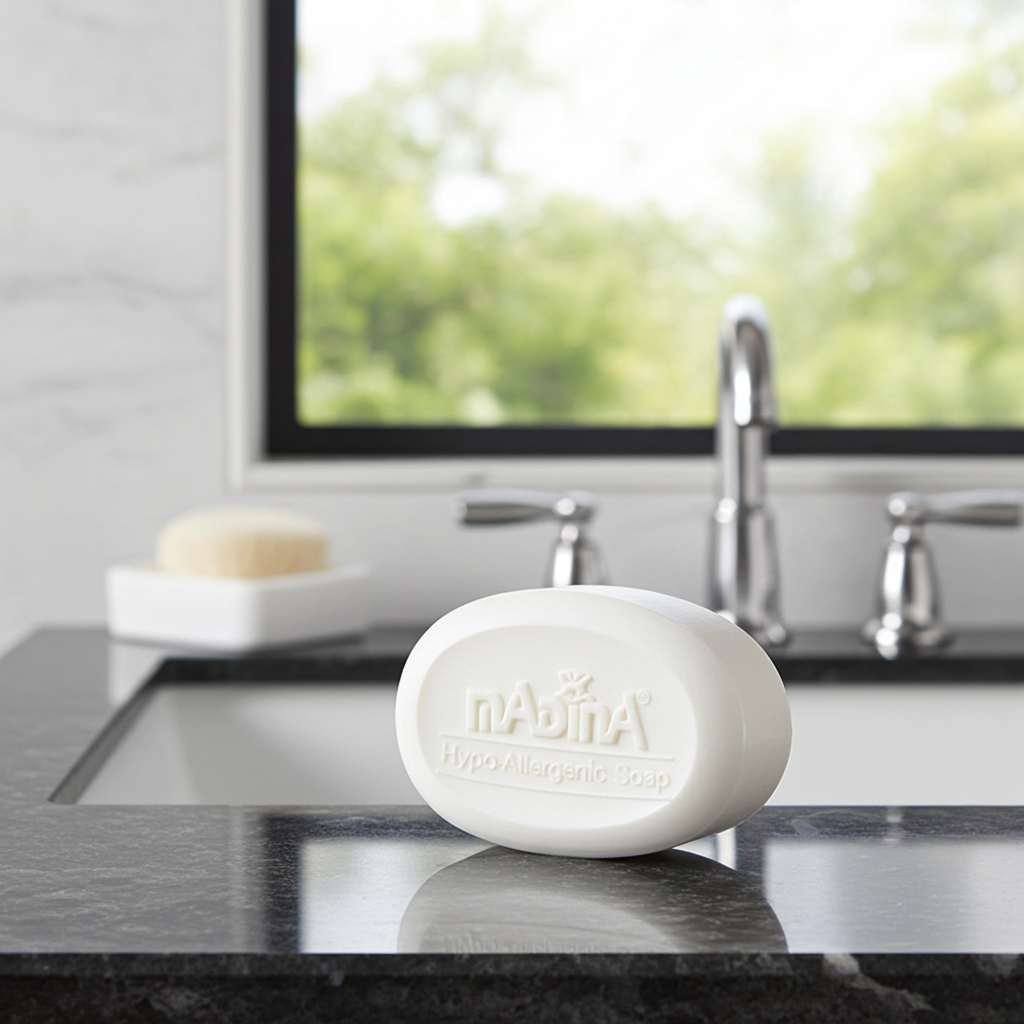 Gentle hypoallergenic soap bar for face and body cleansing, bathing, and sensitive skin care.