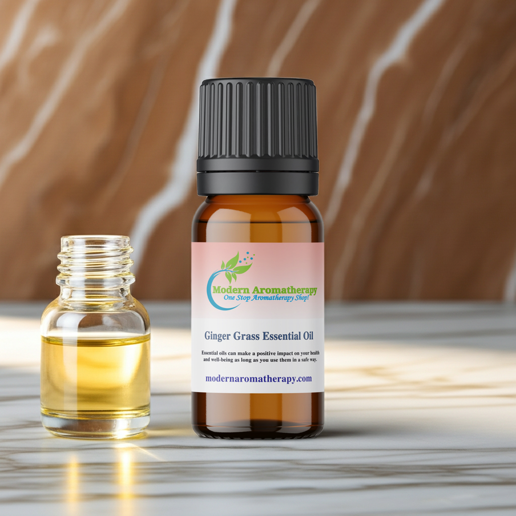 Ginger Grass Essential Oil bottle for aromatherapy, relaxation routines, and home scenting.