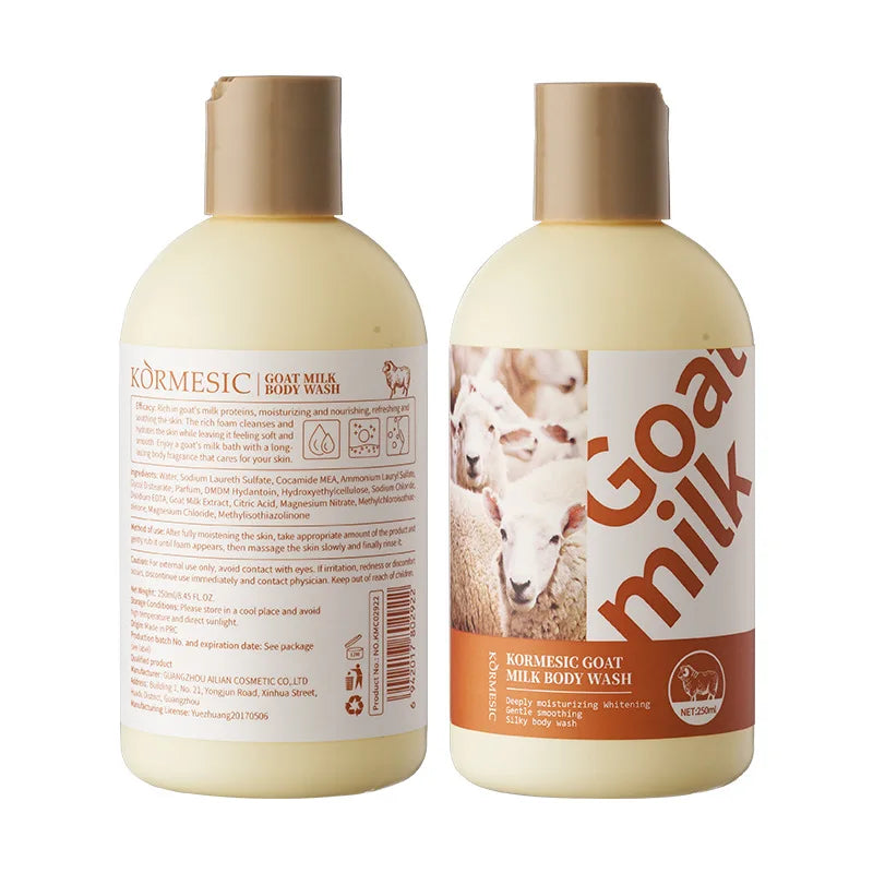 Two bottles of Goat Milk Body Wash 250ml for sensitive skin on white background.