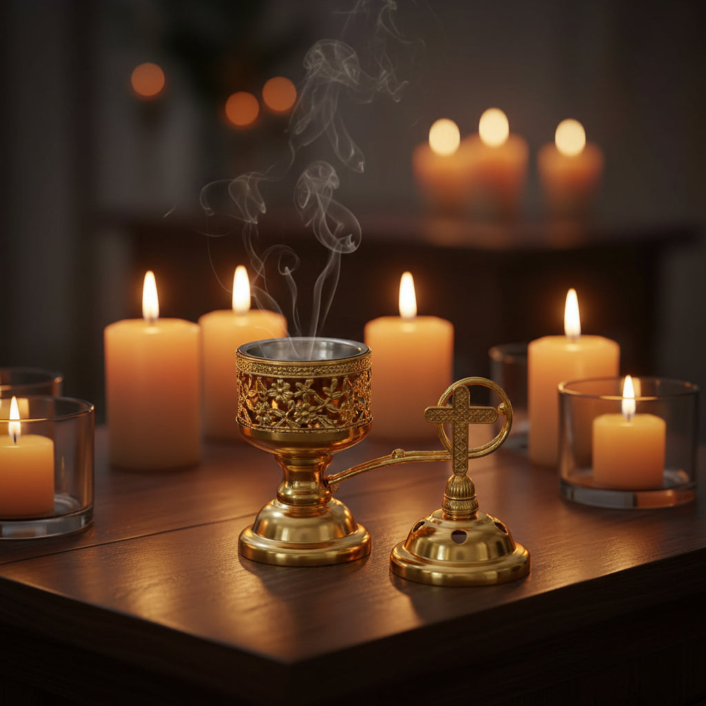 Gold Charcoal Incense Burner with cross design for meditation, prayer, and ceremonial incense use.