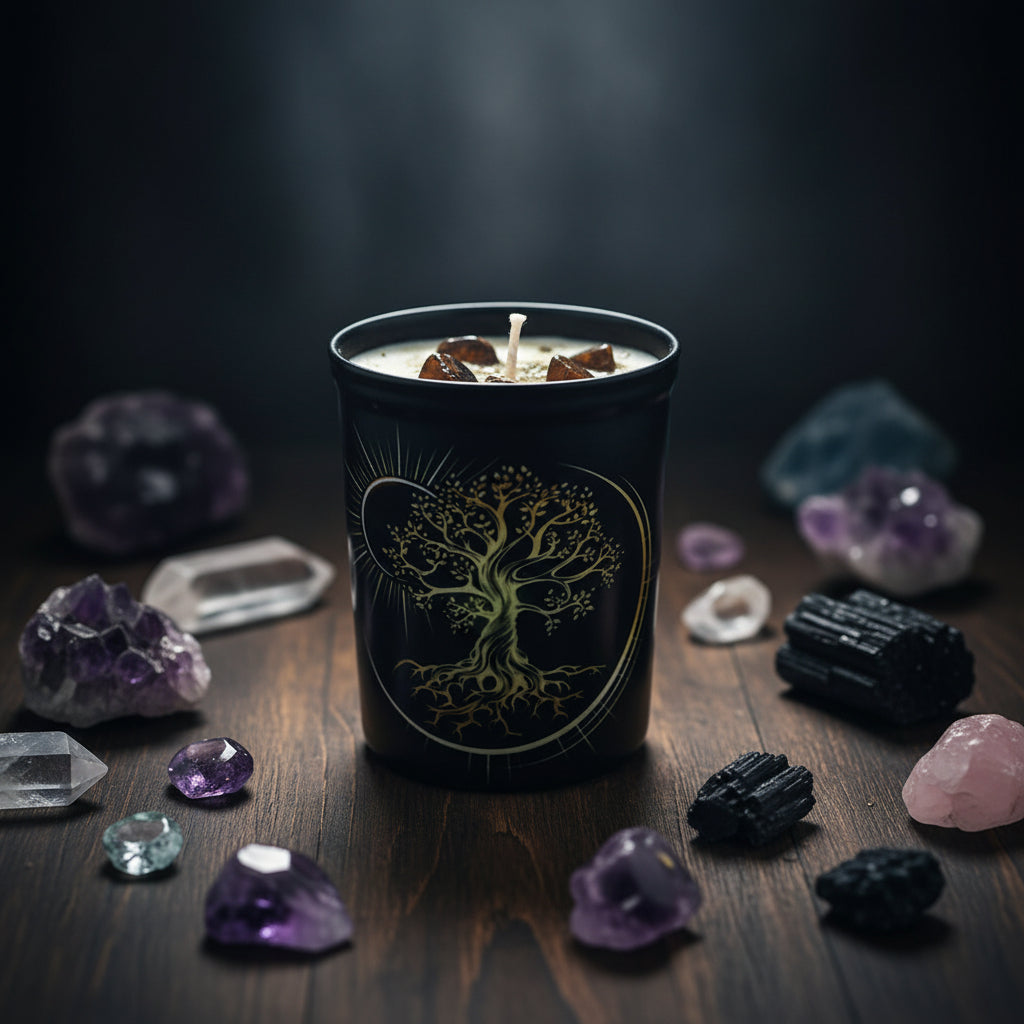 Golden Tree of Life Votive Scented Candle with Herbs and Crystal Stones for meditation, intention-setting, and spiritual décor.