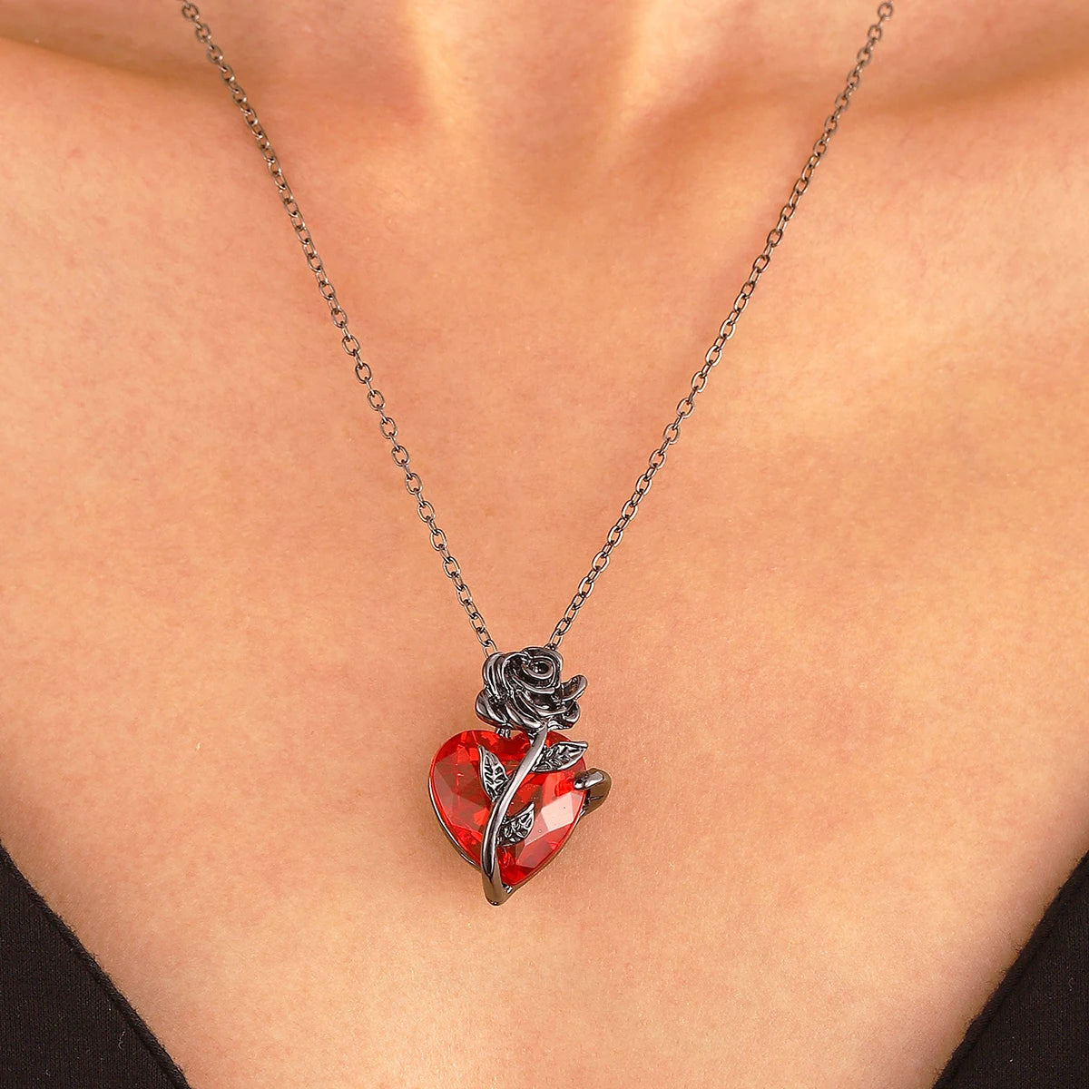 Gothic Rose-Red Heart Necklace pendant for romantic styling, gothic outfit pairing, and special occasion accessorizing.