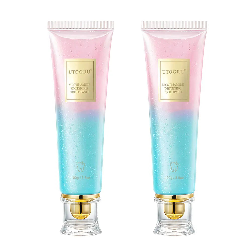 Hailicare Niacinamide Whitening Toothpaste 100g in two-tube display with gradient design on white background.