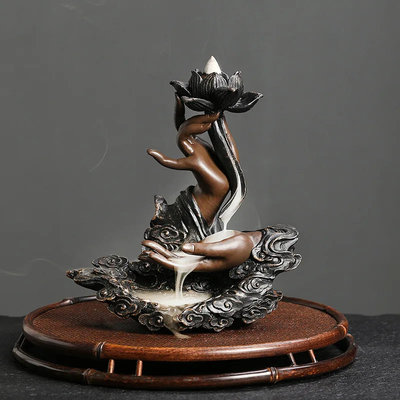 Handmade Lotus Buddha backflow incense burner ceramic holder for meditation, relaxation, and home incense use.