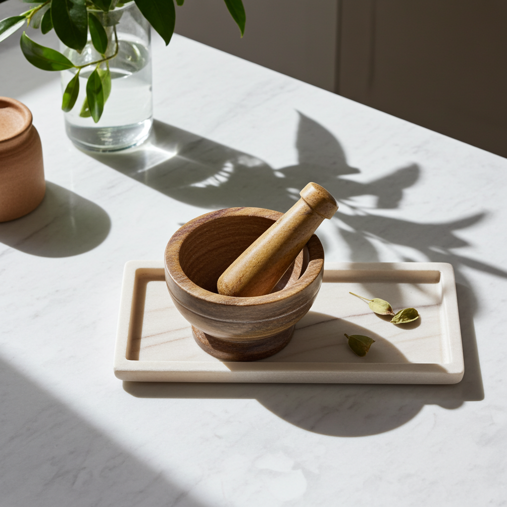 Handmade soapstone mortar and pestle bowl set for crushing garlic, herbs, and whole spices for cooking.