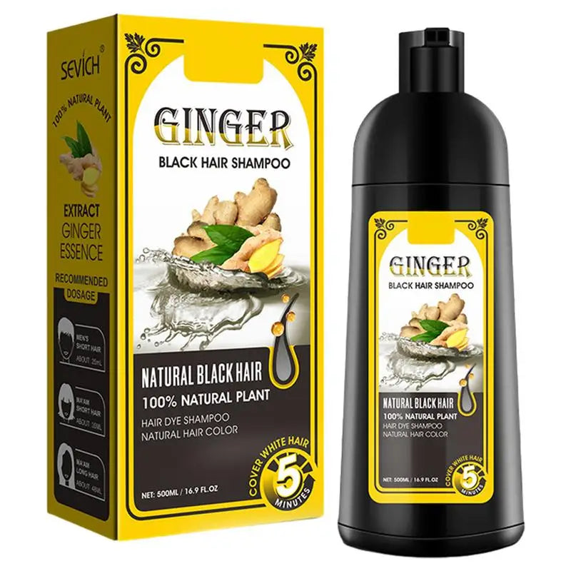 Herbal Black Hair Dye Shampoo 500ml packaging and bottle on white background.