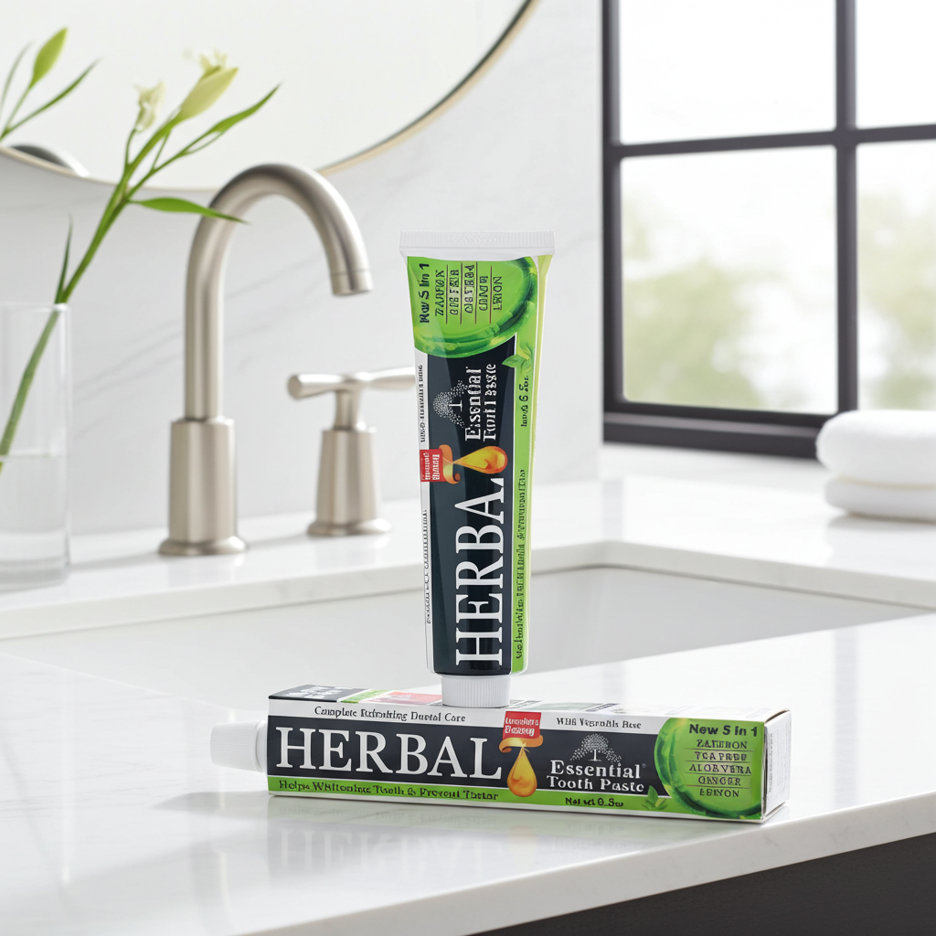 Herbal Essential Toothpaste tube for cleaning teeth, maintaining oral care, and everyday breath freshness.