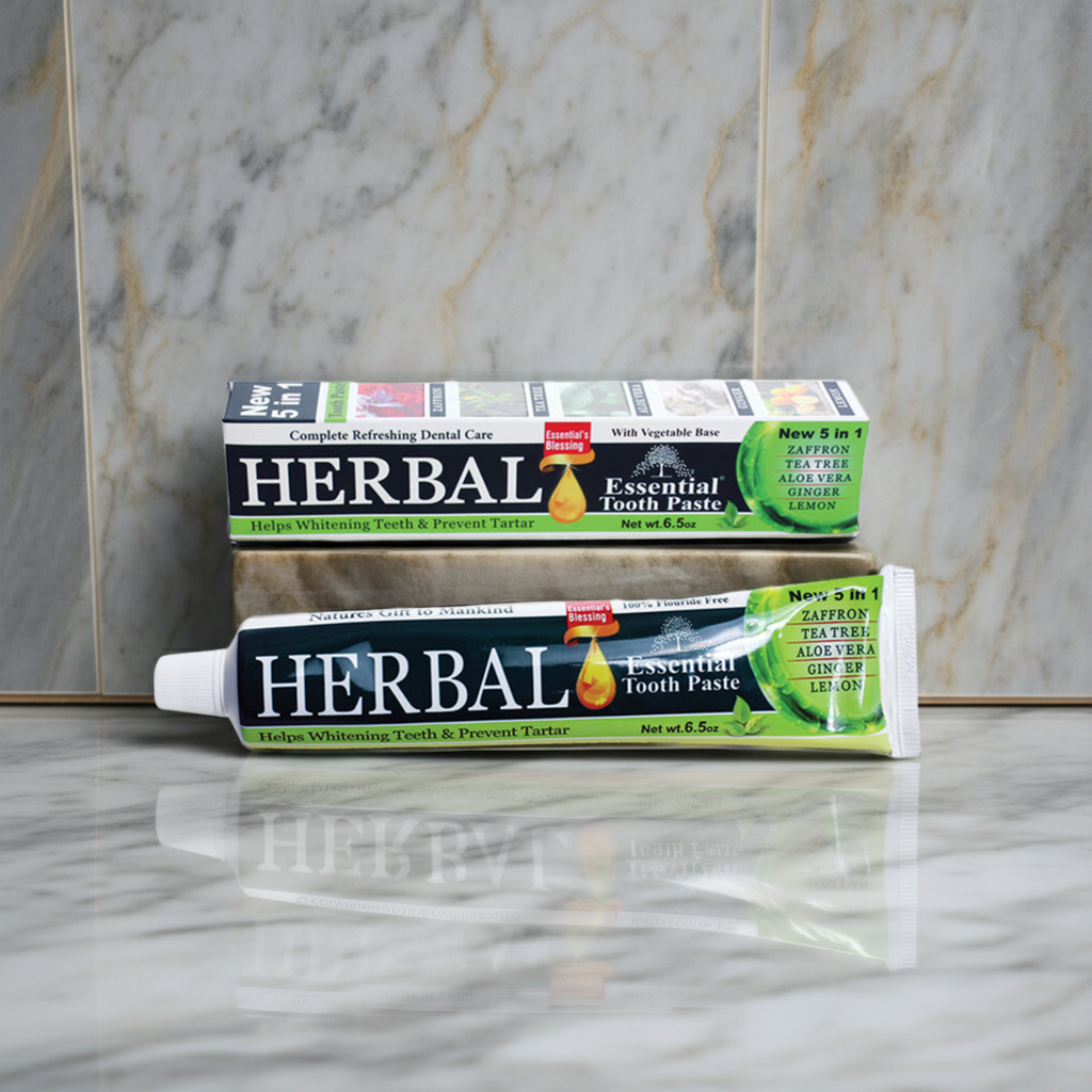 Herbal Essential Toothpaste tube for daily brushing, oral hygiene, and fresh breath care.