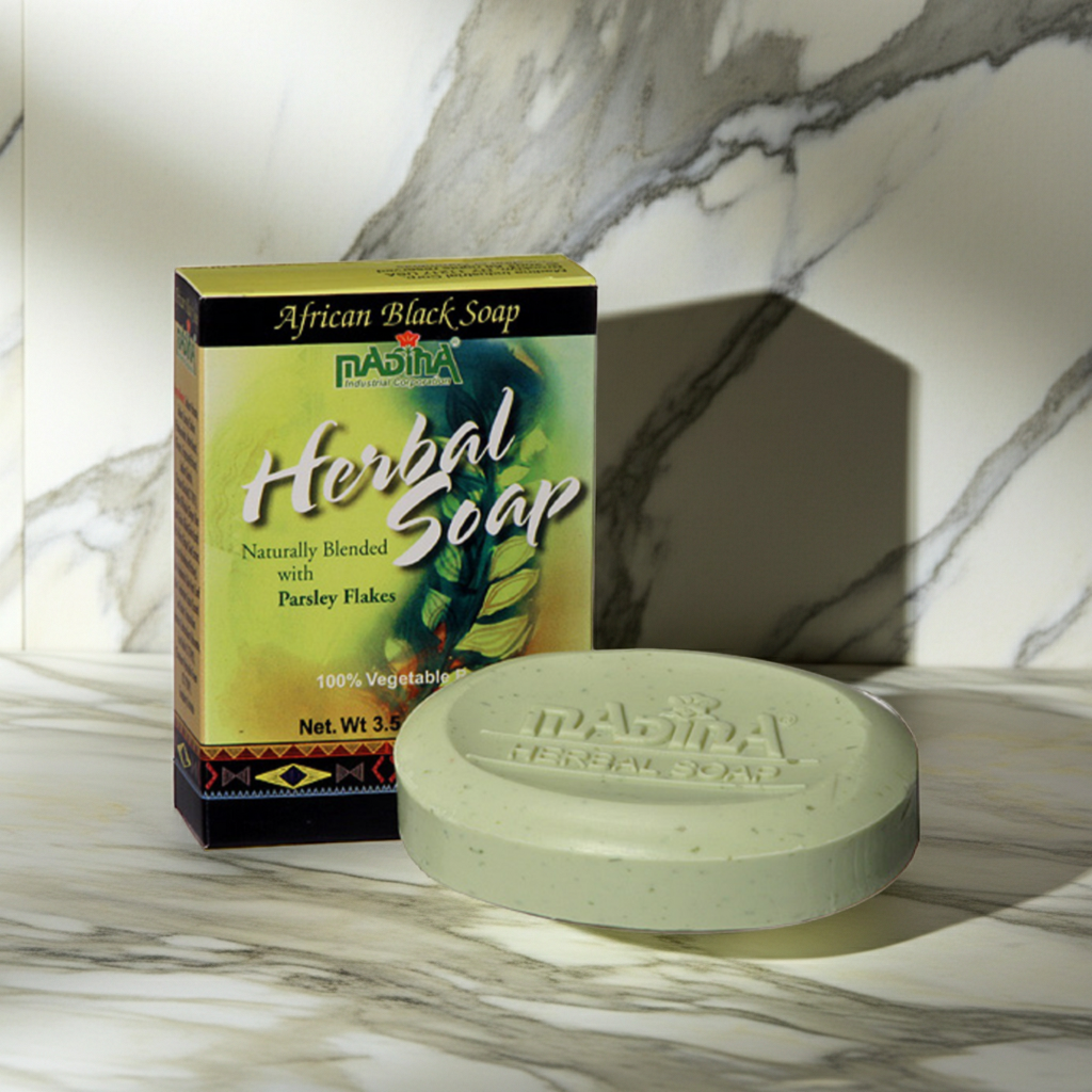 Madina Herbal Soap with Parsley Flakes bar soap for skincare, body cleansing, and regular bath routines.