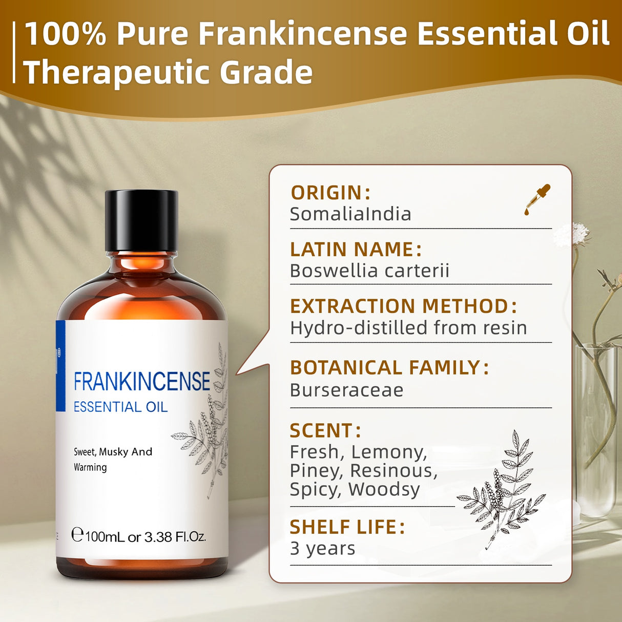 HIQILI Pure Frankincense Essential Oil bottle for massage oil blending, aromatherapy, and self-care routines.