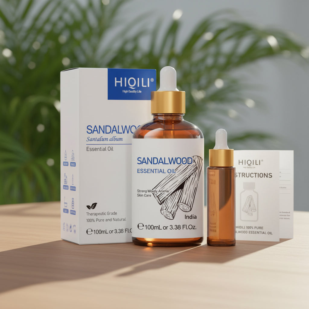 HIQILI Sandalwood Essential Oil 100ML bottle for aromatherapy, diffuser use, and relaxation.